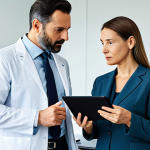 A male psychiatrist and a female counseling psychologist engaged in a professional discussion, both wearing modest business suits. They stand in a bright, modern clinic office with natural light, respectfully reviewing a digital tablet, symbolizing collaborative patient care. Professional photography, high resolution, cinematic lighting, natural pose, perfect anatomy, correct proportions, well-formed hands, proper finger count, natural body proportions, safe for work, appropriate content, fully clothed, professional dress.