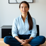 A professional female psychotherapist, fully clothed in modest, comfortable yet professional attire, seated calmly in a serene, contemporary home office filled with soft natural light, practicing mindfulness or meditation. Her pose is natural and relaxed, conveying inner peace and self-care. Professional photography, high resolution, soft lighting, perfect anatomy, correct proportions, well-formed hands, proper finger count, natural body proportions, safe for work, appropriate content, family-friendly.