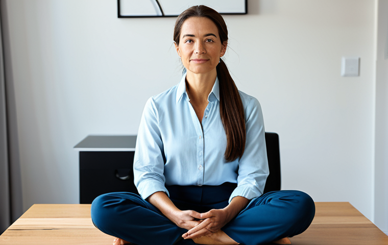 A professional female psychotherapist, fully clothed in modest, comfortable yet professional attire, seated calmly in a serene, contemporary home office filled with soft natural light, practicing mindfulness or meditation. Her pose is natural and relaxed, conveying inner peace and self-care. Professional photography, high resolution, soft lighting, perfect anatomy, correct proportions, well-formed hands, proper finger count, natural body proportions, safe for work, appropriate content, family-friendly.
